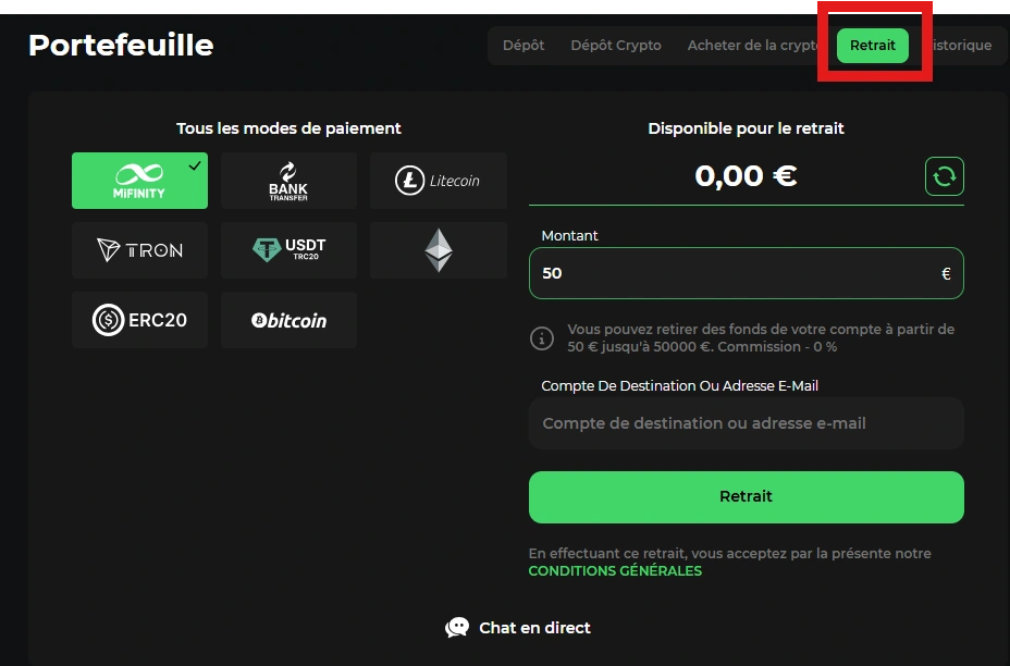 retrait sur betify étape 2