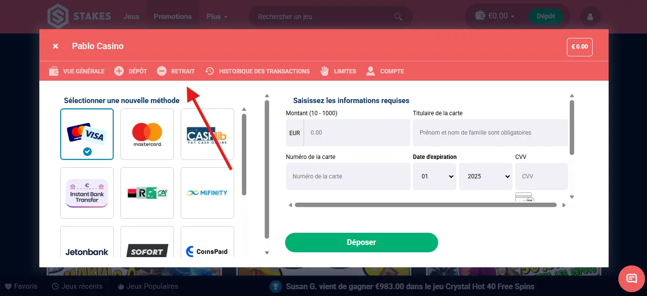 retrait étape 1 stakes casino