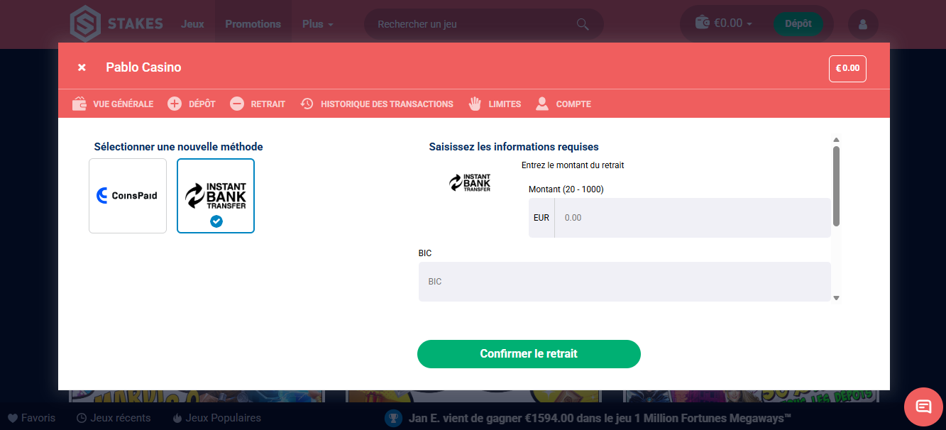 retrait étape 2 stakes casino