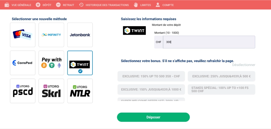 Faire un dépôt avec twint sur Stakes étape4