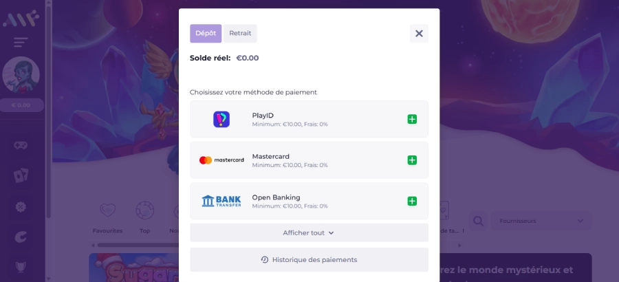 Faire un dépôt sur Alfcasino étape2