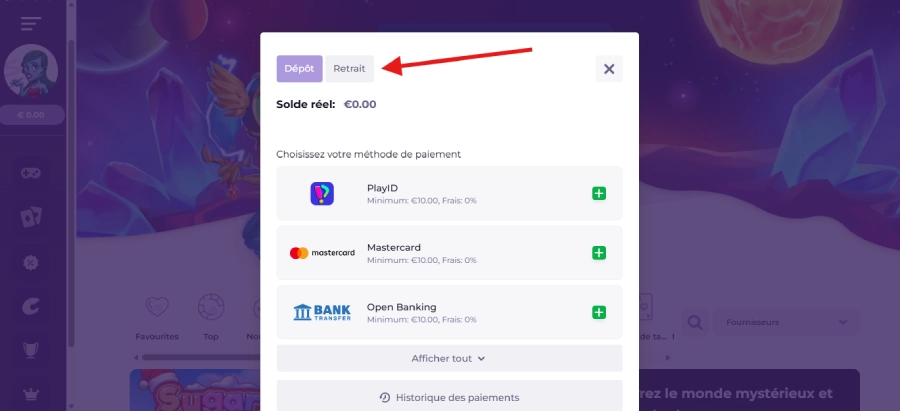 Faire un retrait sur Alfcasino étape2