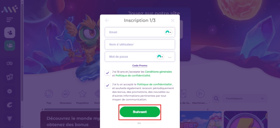 Inscription sur Alfcasino étape2