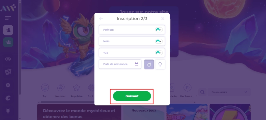 Inscription sur Alfcasino étape3