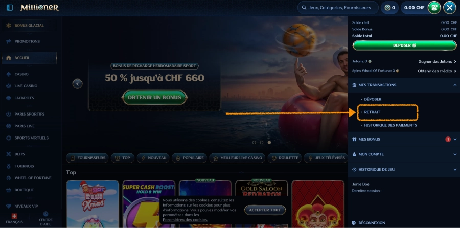 Retrait - casino en ligne Suisse étape1
