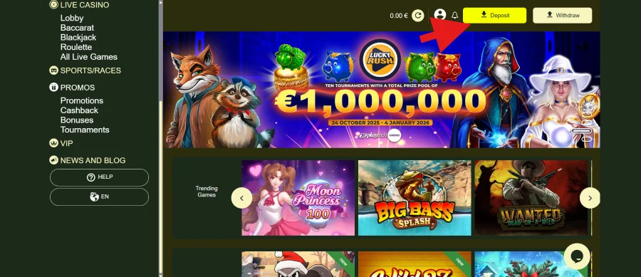 Capture d'écran bouton Dépôt sur Thor Casino