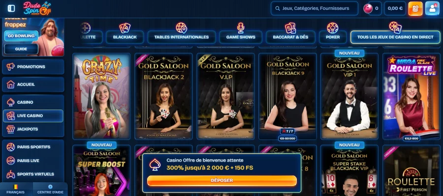 Les jeux de casino en direct sur Dudespin Casino