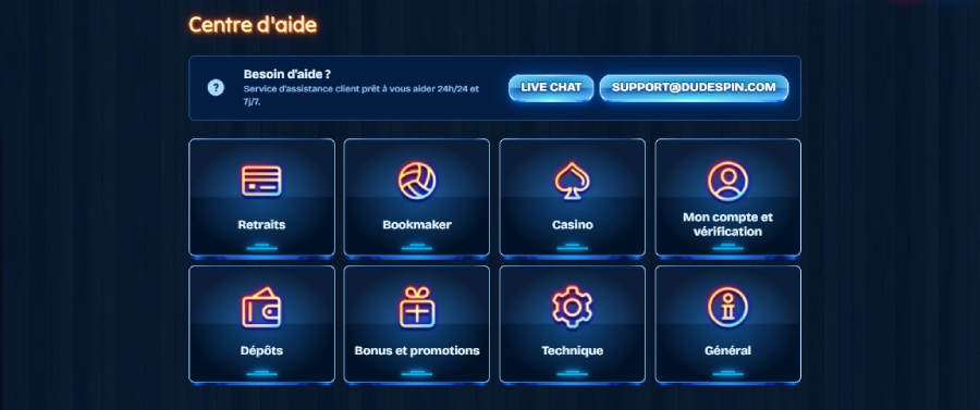 capture d'écran du centre d'aide sur Dudespin Casino