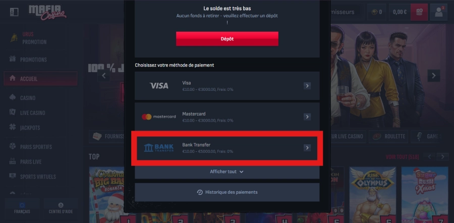 Choix de la méthode de retrait sur Mafia Casino