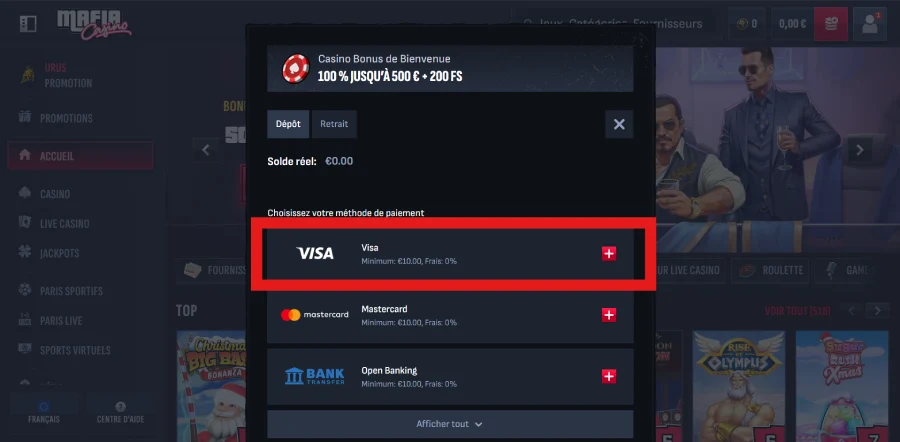 capture d'écran choix méthode de dépôt Mafia Casino