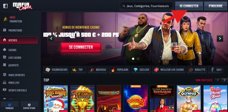 capture d'écran connexion compte joueur Mafia Casino