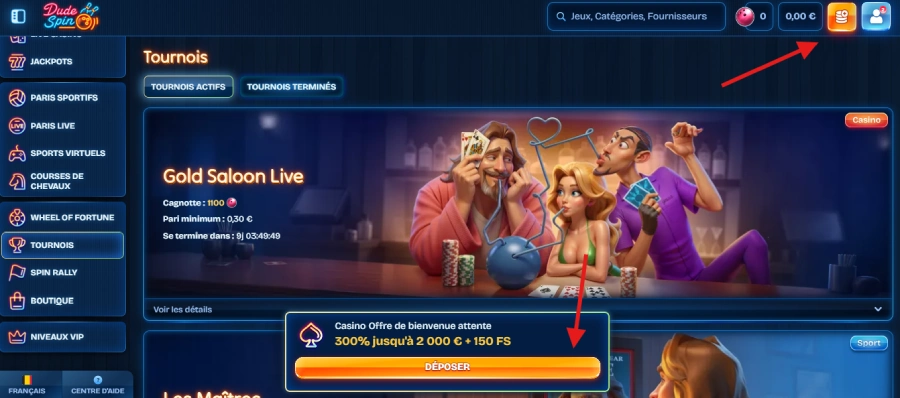 Faire un dépôt sur Dudespin étape 1