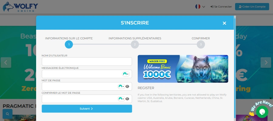 inscription étape 2 wolfy casino belgique