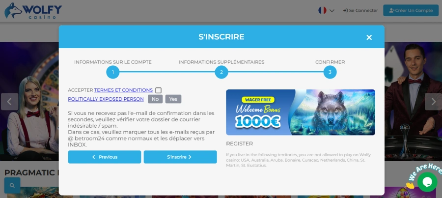 inscription étape 2 wolfy casino belgique