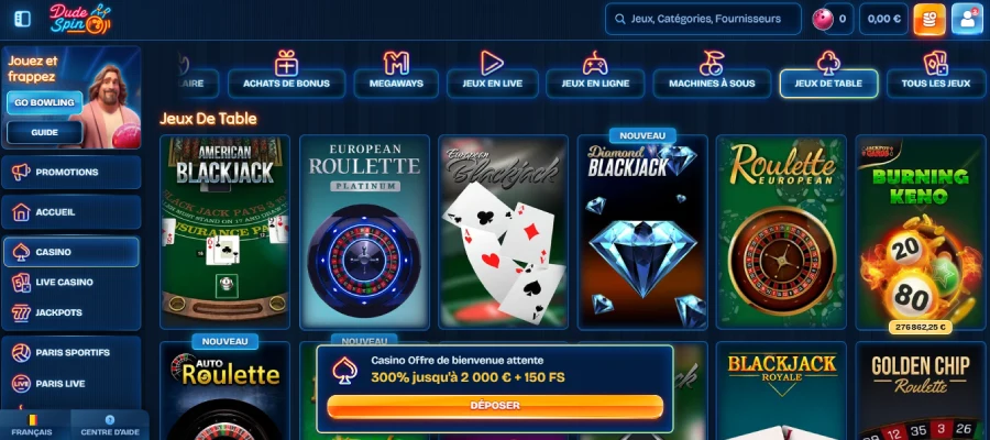 Les jeux de table sur Dudespin Casino