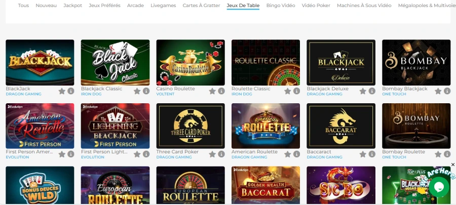 capture d'écran des jeux de table sur Wolfy Casino Belgique