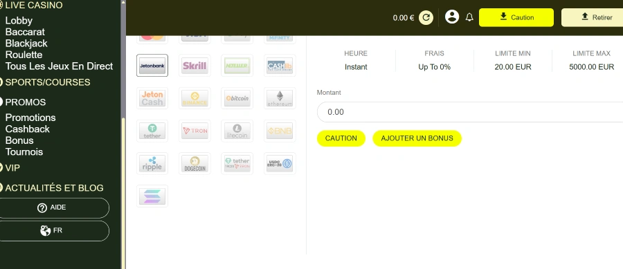 capture d'écran montant des dépôts Thor Casino
