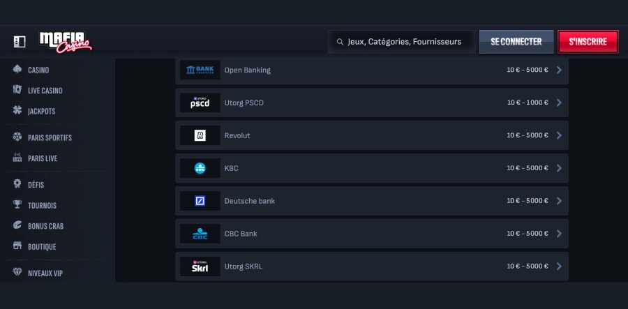 paiement bancontact Mafia Casino