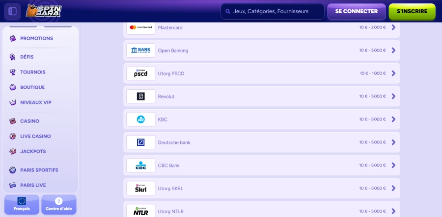 paiement bancontact Spinbara Casino