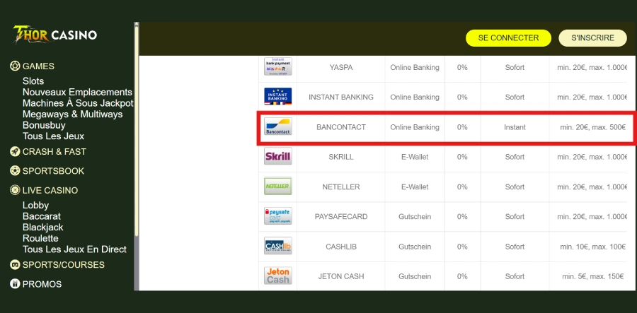 paiement bancontact Thor Casino