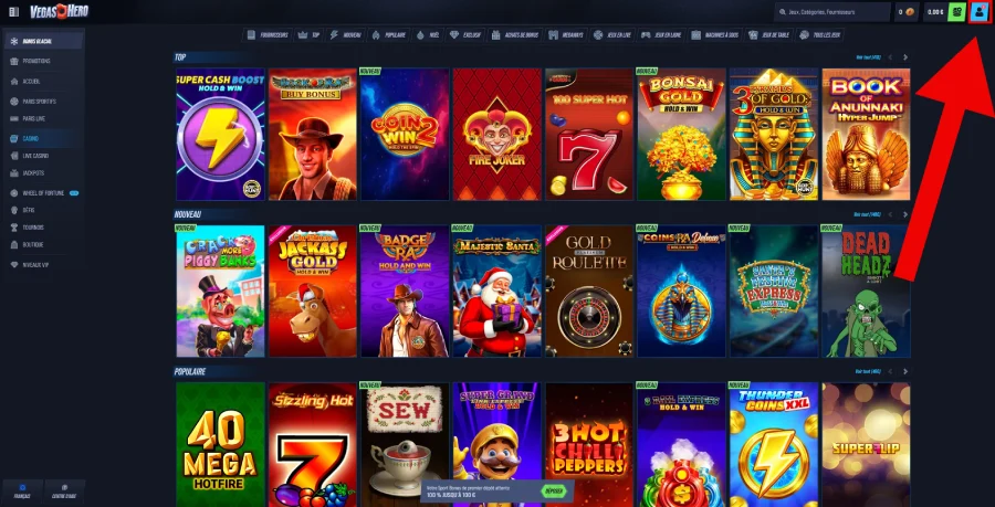 faire un retrait étape 1 VegasHero