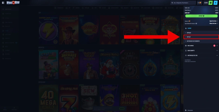 faire un retrait étape 3 VegasHero