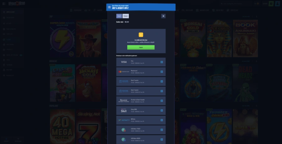 faire un retrait étape 4 VegasHero