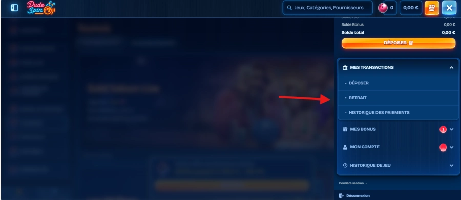 Faire un retrait sur Dudespin étape 1