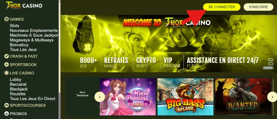 Capture d'écran section des dépôts sur Thor Casino