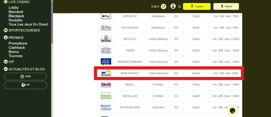capture d'écran sélection bancontact Thor Casino