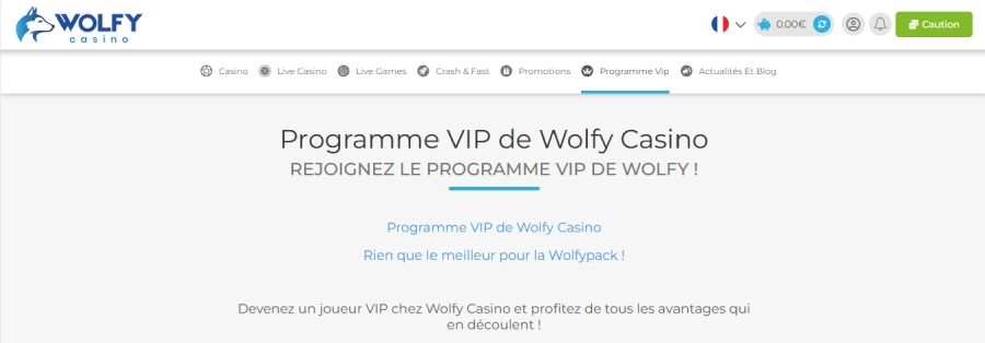 capture d'écran du programme VIP Wolfy Casino Belgique