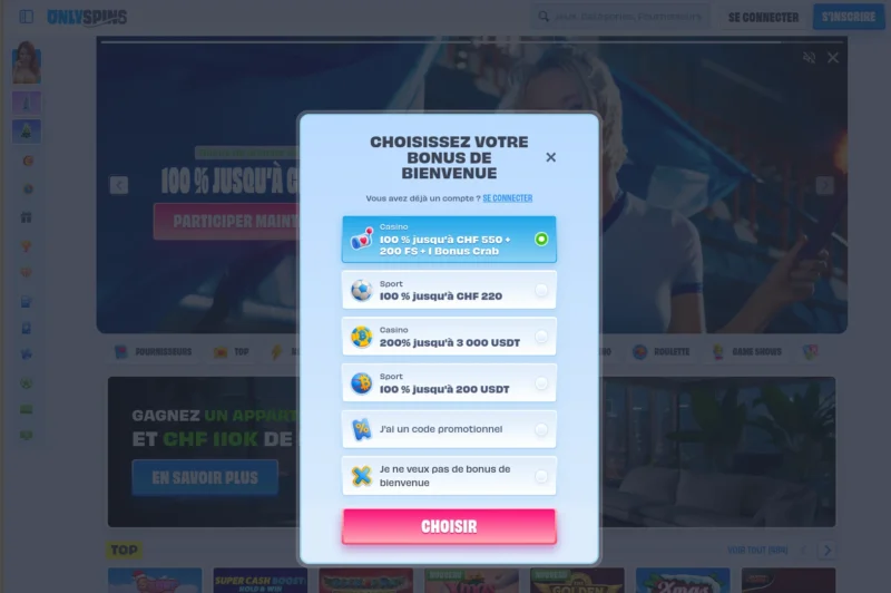 Popup d'inscription sur Onlyspins Casino en ligne depuis la Suisse