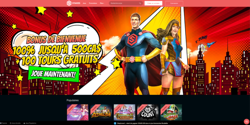 Page d'accueil de Stakes Casino en ligne Canada.