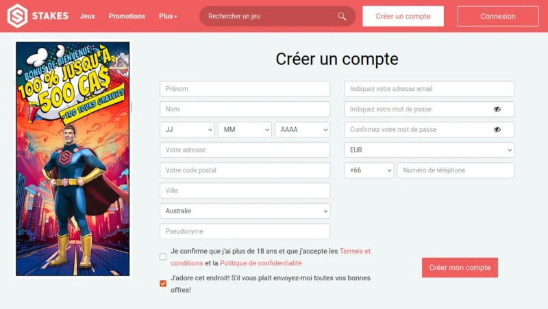 Première page d'inscription sur Stakes casino en ligne au Canada.
