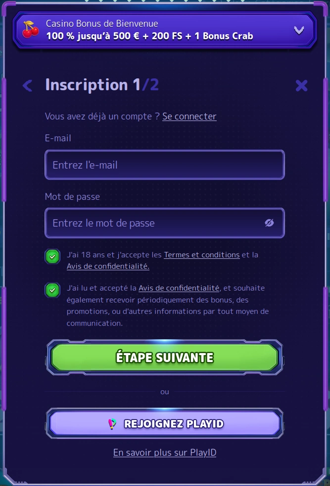 3e étape d'inscription sur Alf Casino