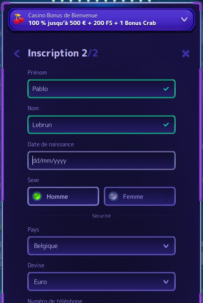 4e étape d'inscription sur Alf Casino