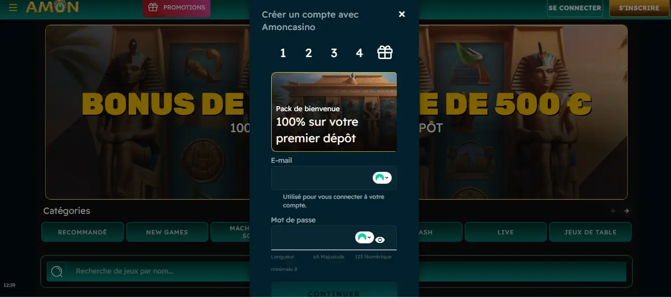 inscription étape 2 amon casino