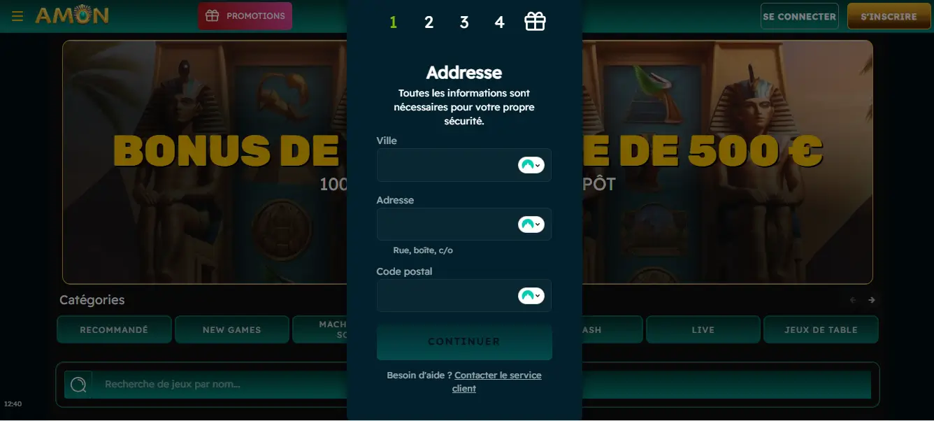inscription étape 3 amon casino