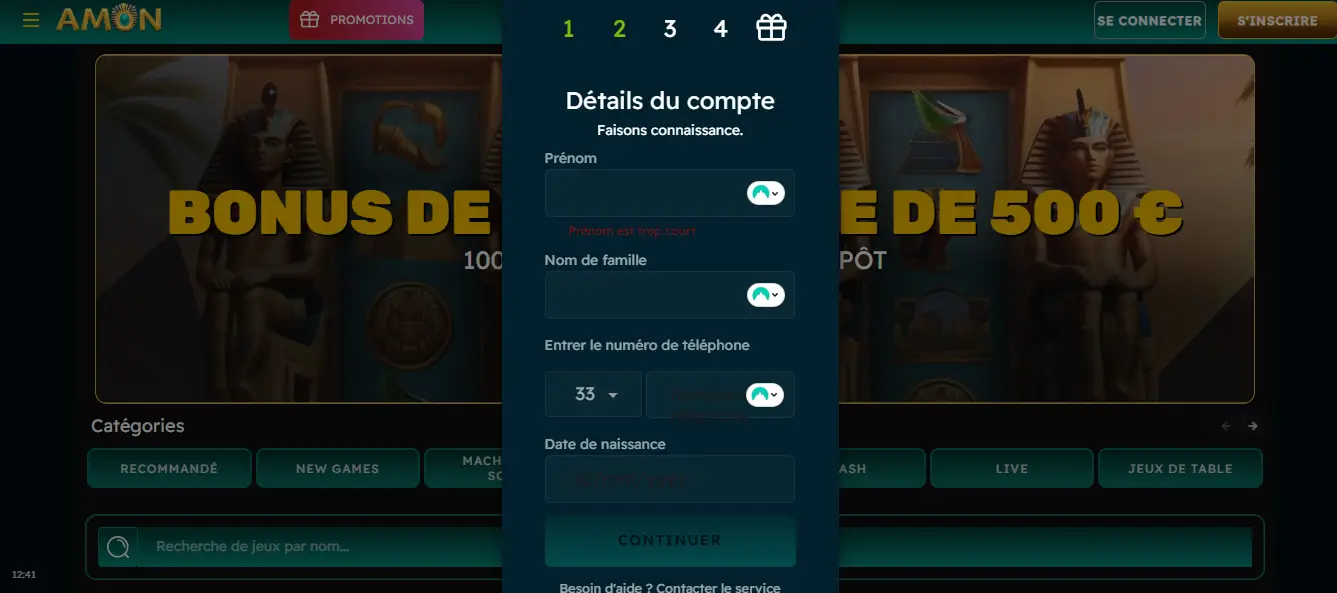 inscription étape 4 amon casino