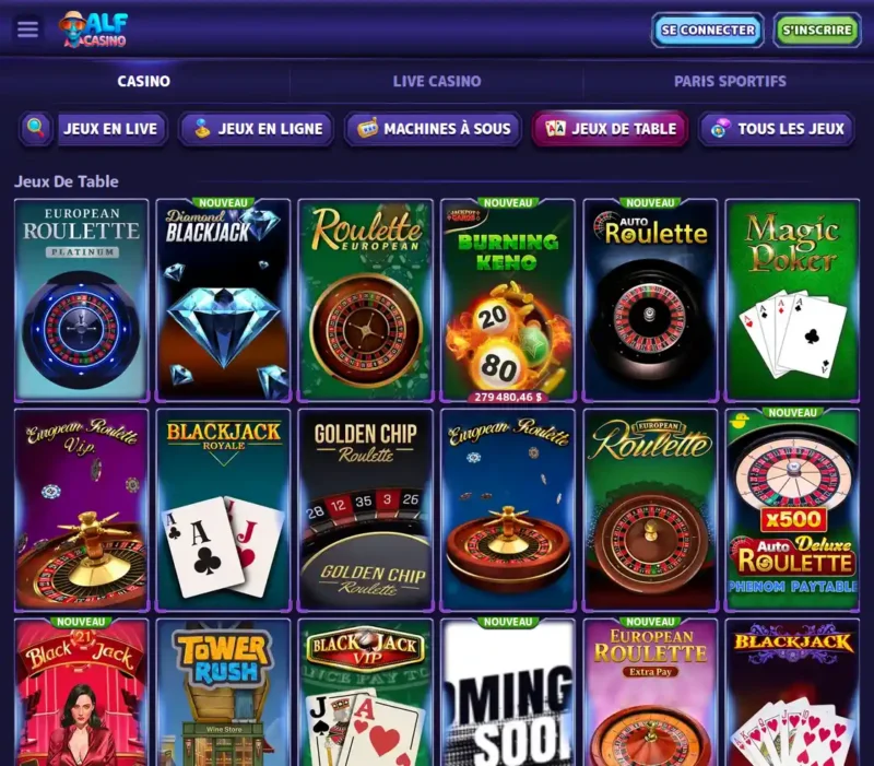 Les jeux de table sur Alf Casino en ligne.