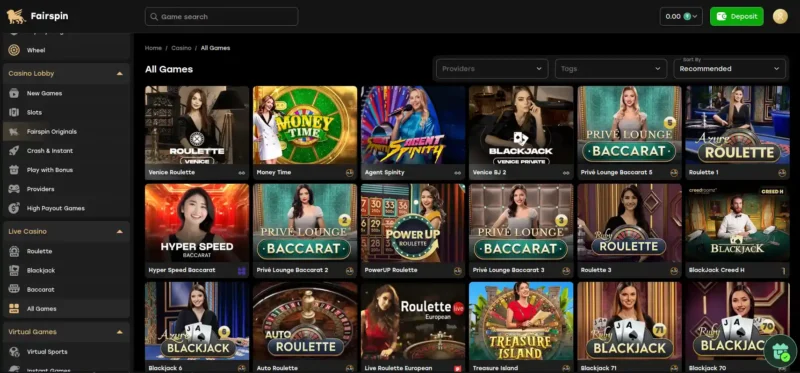 Jeux en direct live sur Fairspin casino en ligne au Canada.