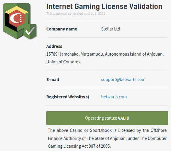 Licence de jeu de Betwarts Casino en ligne.