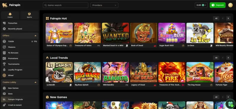 Lobby jeux sur Fairspin casino en ligne au Canada.