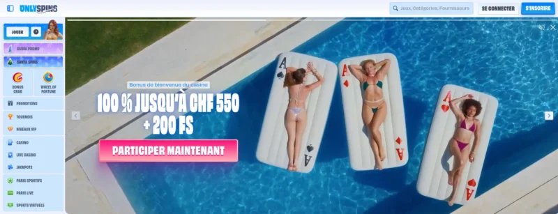 Page d'accueil sur Onlyspins casino en ligne en Suisse. 