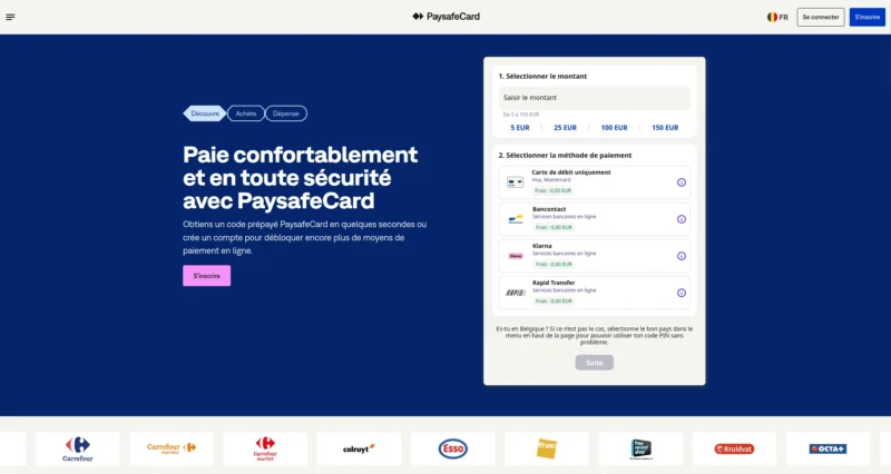 Page d'accueil du service Paysafecard en Belgique