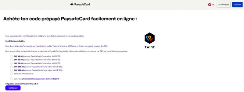 Page d'accueil de Paysafecard en Suisse. 
