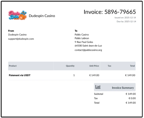 Preuve de paiement sur Dudespin Casino