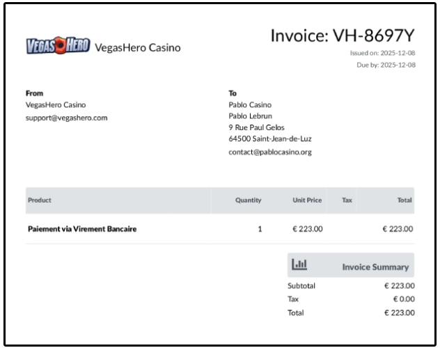 preuve de retrait vegashero