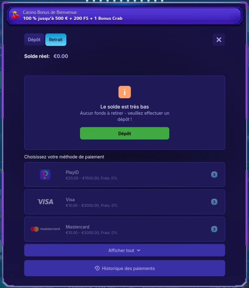 Menu retrait sur AlfCasino en ligne.