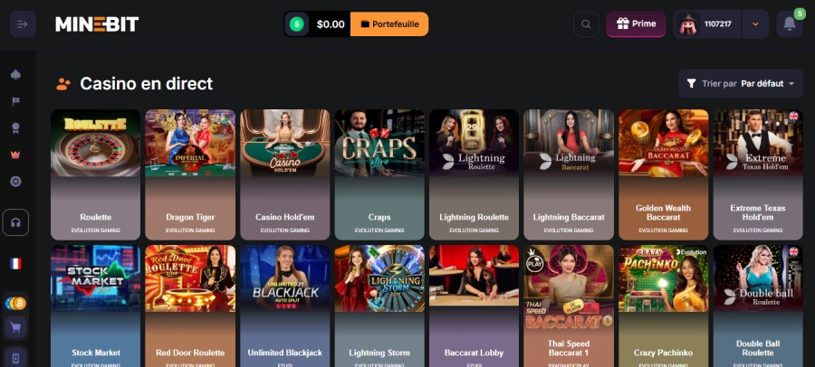 Casino live sur MineBit Casino